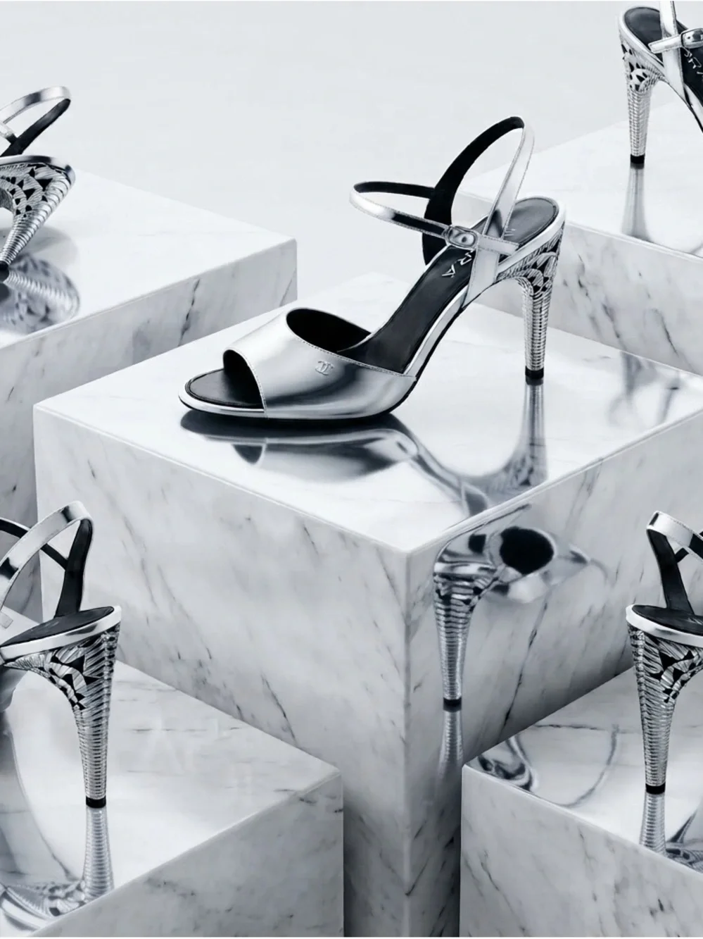 CHANEL Silver high shine mirror like effect Open-yToe Slingback Heels